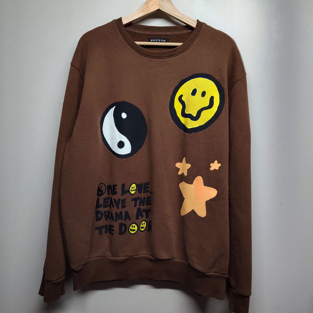 Pacsun Sweatshirt Men Size XL Brown Happy Face Fal Winter Casual Outdoor